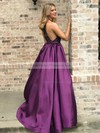A-line Scoop Neck Sweep Train Satin Beading Prom Dresses #PDS020106853