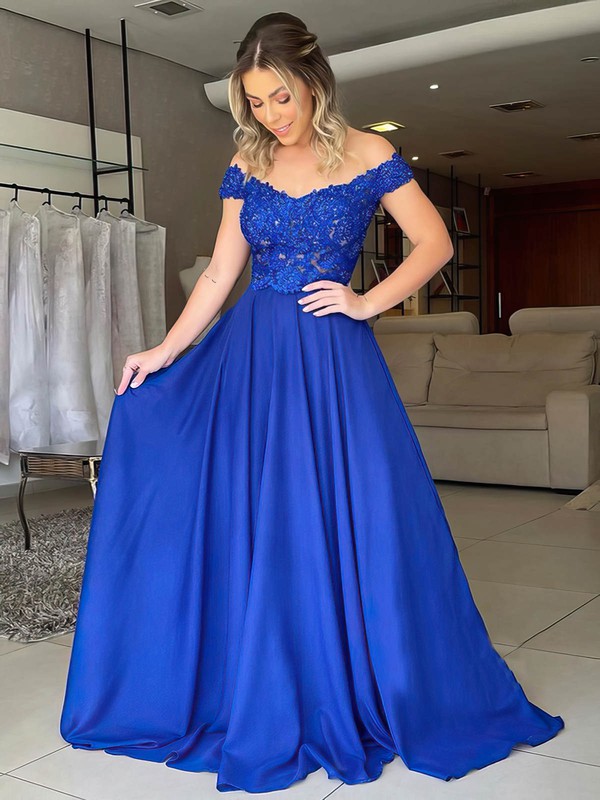A-line Off-the-shoulder Sweep Train Chiffon Beading Prom Dresses #PDS020106860