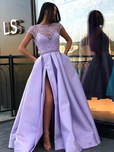 Ball Gown Scoop Neck Sweep Train Satin Beading Prom Dresses #PDS020106885
