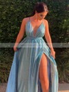 A-line V-neck Floor-length Glitter Sashes / Ribbons Prom Dresses #PDS020106642