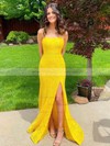 Trumpet/Mermaid Square Neckline Sweep Train Lace Split Front Prom Dresses #PDS020106644