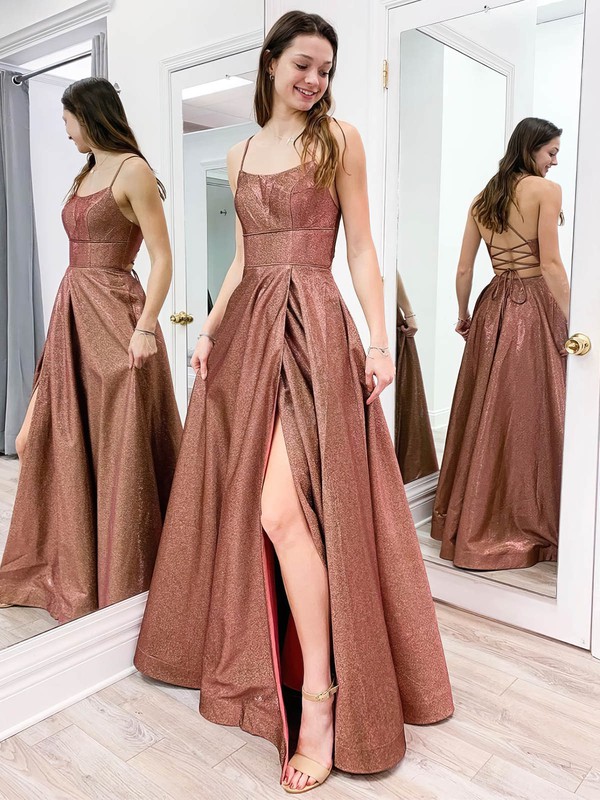 A-line Square Neckline Floor-length Glitter Split Front Prom Dresses #PDS020106655