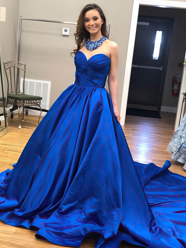 Ball Gown Sweetheart Court Train Satin Ruffles Prom Dresses #PDS020106674