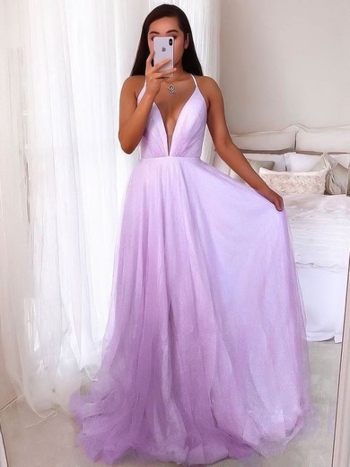 A-line V-neck Sweep Train Tulle Prom Dresses #PDS020106697
