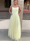 A-line Square Neckline Sweep Train Tulle Appliques Lace Prom Dresses #PDS020106702