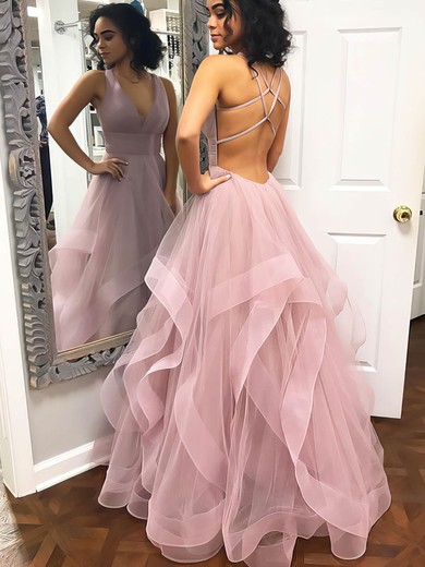 Princess V-neck Floor-length Tulle Cascading Ruffles Prom Dresses #PDS020106712