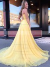 A-line Square Neckline Sweep Train Chiffon Prom Dresses #PDS020106715