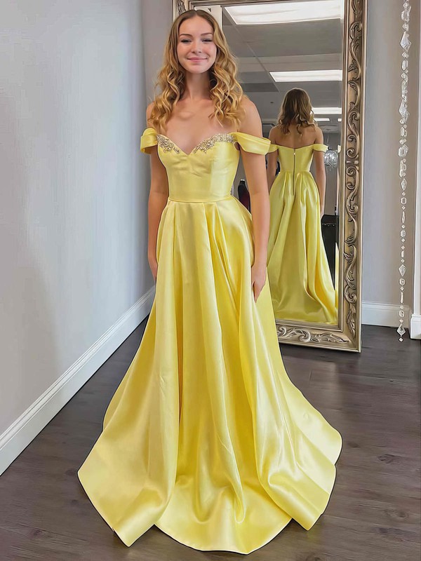 A-line Off-the-shoulder Sweep Train Satin Beading Prom Dresses #PDS020106720