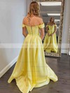 A-line Off-the-shoulder Sweep Train Satin Beading Prom Dresses #PDS020106720