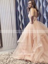Princess V-neck Sweep Train Glitter Cascading Ruffles Prom Dresses #PDS020106734