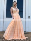 A-line V-neck Sweep Train Chiffon Prom Dresses #PDS020106738