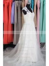 Court Train White Tulle with Appliques Lace Cap Straps V-neck Wedding Dresses #PDS00020662