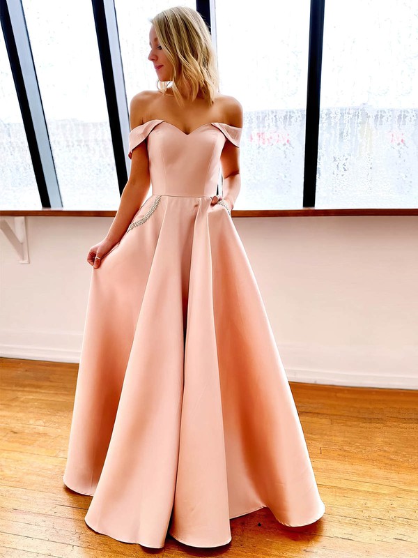A-line Off-the-shoulder Floor-length Satin Beading Prom Dresses #PDS020106801