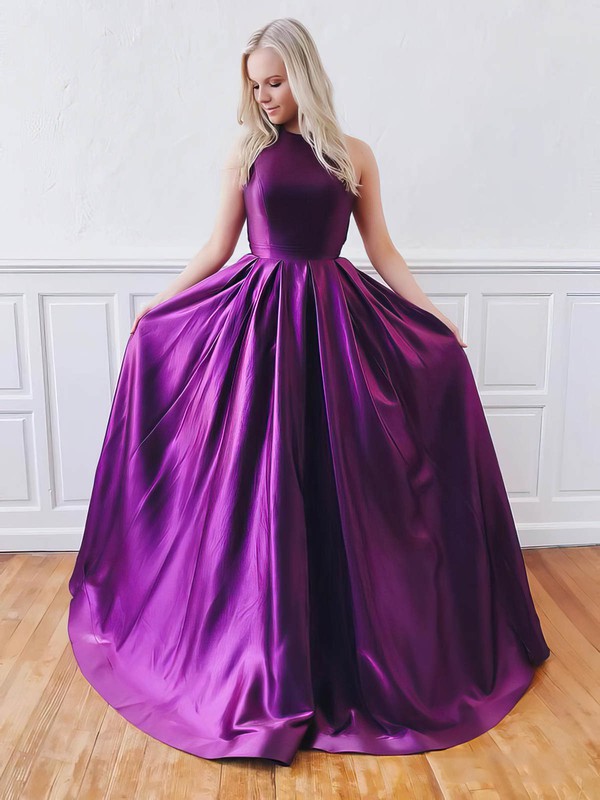 Ball Gown Scoop Neck Sweep Train Satin Prom Dresses #PDS020106824