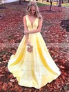 Ball Gown V-neck Court Train Satin Pockets Prom Dresses #PDS020106834