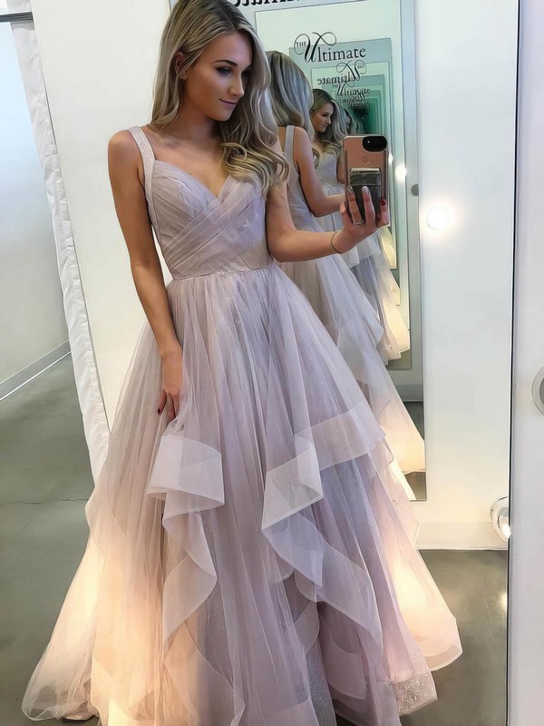 Princess V-neck Floor-length Tulle Cascading Ruffles Prom Dresses #PDS020106863