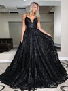A-line V-neck Sweep Train Sequined Prom Dresses #PDS020106877