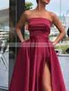 A-line Strapless Sweep Train Satin Pockets Prom Dresses #PDS020106934