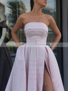 A-line Strapless Sweep Train Satin Pockets Prom Dresses #PDS020106934