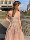 A-line Off-the-shoulder Sweep Train Tulle Beading Prom Dresses #PDS020106936