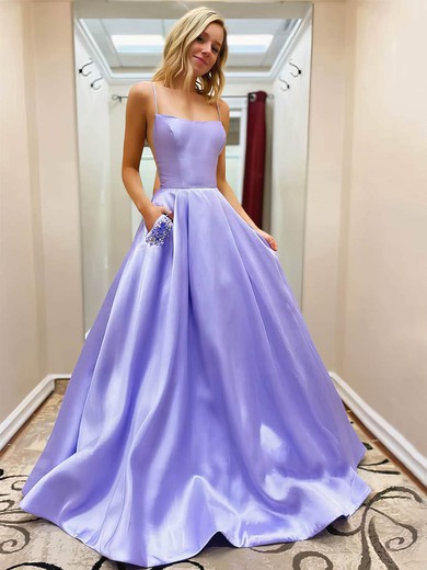 Ball Gown Square Neckline Sweep Train Satin Beading Prom Dresses #PDS020106938