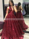 Ball Gown V-neck Sweep Train Sequined Sashes / Ribbons Prom Dresses #PDS020106940