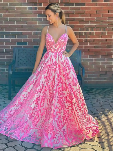 A-line V-neck Sweep Train Tulle Beading Prom Dresses #PDS020106942