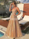 A-line V-neck Floor-length Glitter Sashes / Ribbons Prom Dresses #PDS020106944