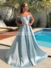 A-line Off-the-shoulder Sweep Train Satin Sashes / Ribbons Prom Dresses #PDS020106945