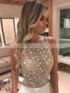 A-line Scoop Neck Sweep Train Satin Beading Prom Dresses #PDS020106948