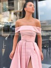 A-line Off-the-shoulder Sweep Train Satin Sashes / Ribbons Prom Dresses #PDS020106951