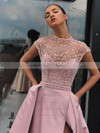 A-line High Neck Sweep Train Satin Beading Prom Dresses #PDS020106952