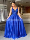A-line V-neck Sweep Train Tulle Silk-like Satin Appliques Lace Prom Dresses #PDS020106954