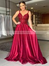 A-line V-neck Sweep Train Tulle Silk-like Satin Appliques Lace Prom Dresses #PDS020106954