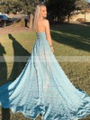 A-line Strapless Sweep Train Chiffon Flower(s) Prom Dresses #PDS020106956