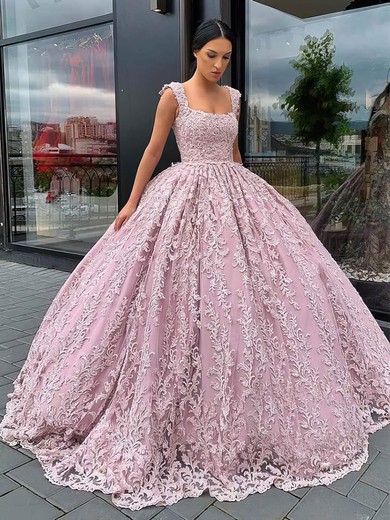 Ball Gown Square Neckline Sweep Train Lace Prom Dresses #PDS020106967