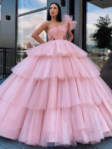 Ball Gown One Shoulder Floor-length Tulle Tiered Prom Dresses #PDS020106968