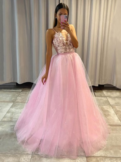 A-line V-neck Detachable Glitter Appliques Lace Prom Dresses #PDS020106969