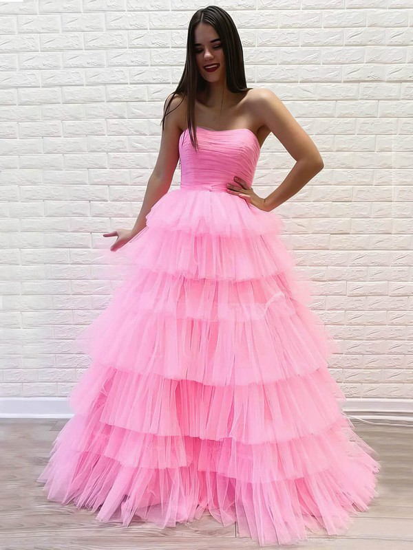 Princess Strapless Sweep Train Tulle Tiered Prom Dresses #PDS020106970