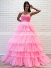 Princess Strapless Sweep Train Tulle Tiered Prom Dresses #PDS020106970