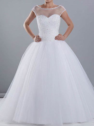 Amazing White Tulle Scoop Neck Beading Ball Gown Wedding Dresses #PDS00020670