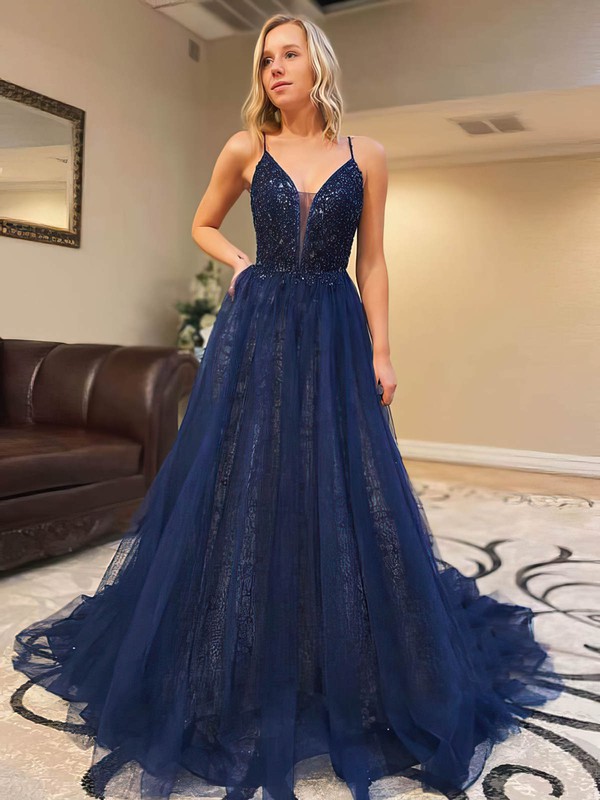 A-line V-neck Court Train Lace Tulle Beading Prom Dresses #PDS020106980