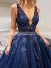 Ball Gown V-neck Sweep Train Tulle Appliques Lace Prom Dresses #PDS020106981