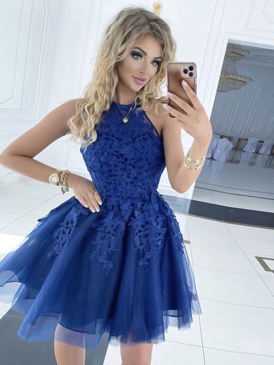 A-line Halter Short/Mini Tulle Appliques Lace Prom Dresses #PDS020106984