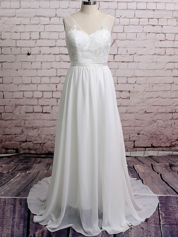 Chiffon with Appliques Lace Court Train Backless V-neck Casual Wedding Dresses