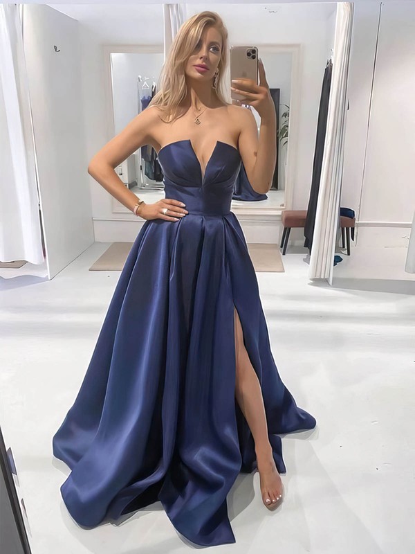 A-line Strapless Sweep Train Satin Split Front Prom Dresses #PDS020106990