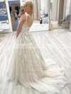 A-line V-neck Sweep Train Tulle Beading Prom Dresses #PDS020106993