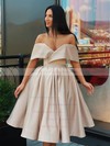 A-line Off-the-shoulder Silk-like Satin Knee-length Ruffles Short Prom Dresses #PDS020107001