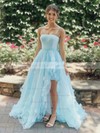 A-line Strapless Sweep Train Tulle Flower(s) Prom Dresses #PDS020107003