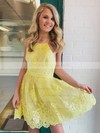 A-line Square Neckline Tulle Short/Mini Appliques Lace Short Prom Dresses #PDS020107014